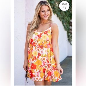 Pink Lily Keep Blooming Red Orange Floral Sleeveless Mini Babydoll Dress New